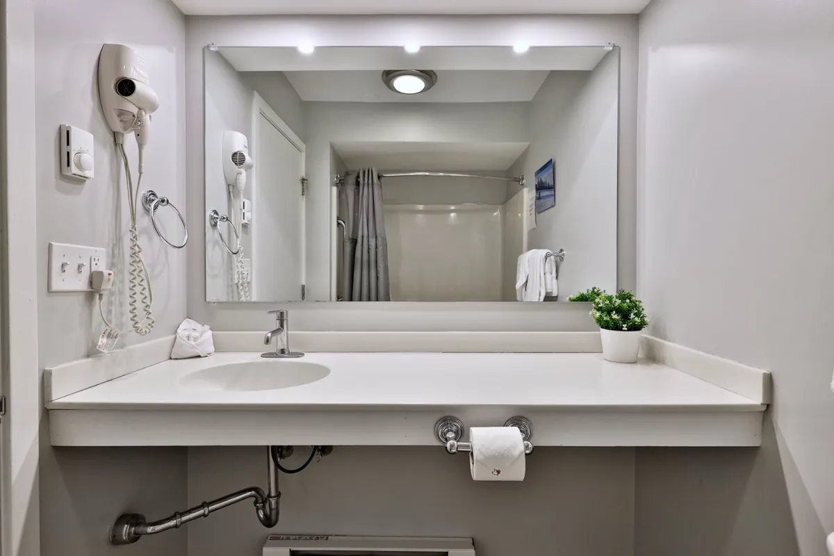 A bright, inviting bathroom scene featuring a mirror above a modern sink, neatly arranged towels, and a small plant for a touch of freshness. The setting feels clean and private, ideal for unwinding after a long day.